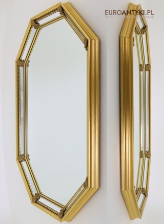 XL! Duże antyczne ścienne lustro fasetowane 3D z Francji – elegancka złota rama retro