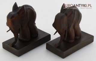 Kolonialne podpórki na książki – antyczne słonie z litego drewna, połowa XX wieku