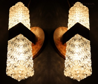 Kinkiety Art Deco vintage z Francji – szkło strukturalne + bakelit + drewno