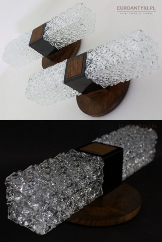 Kinkiety Art Deco vintage z Francji – szkło strukturalne + bakelit + drewno