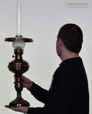 XL! DUŻA! Lampa naftowa retro vintage przerobiona na elektryczną – miedź + mosiądz – Lempereur & Bernard