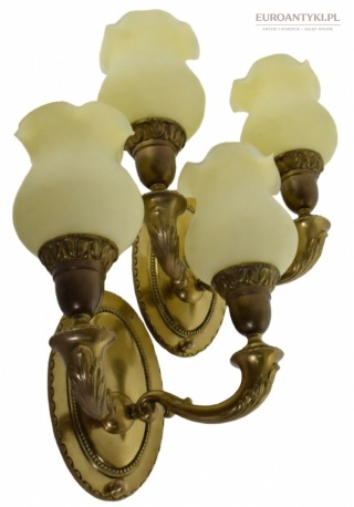 XL antyczne kinkiety pałacowe brąz + szklane klosze, Francja, początek XX w., 2 szt.