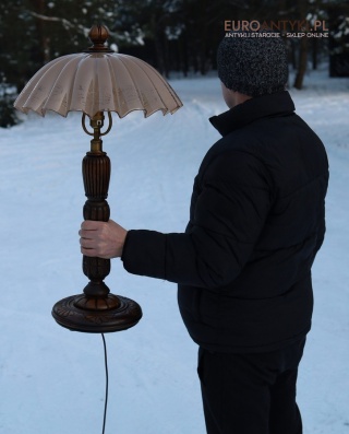 XL lampa stołowa / gabinetowa z lat 30. – eklektyczna retro vintage, drewno + mosiądz