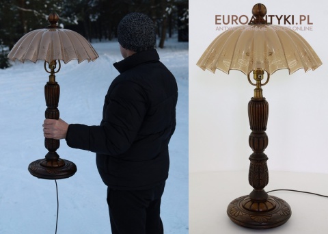XL lampa stołowa / gabinetowa z lat 30. – eklektyczna retro vintage, drewno + mosiądz