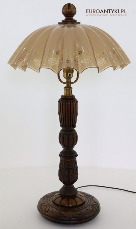 eklektyczna lampa stołowa drewniana z mosiądzem vintage