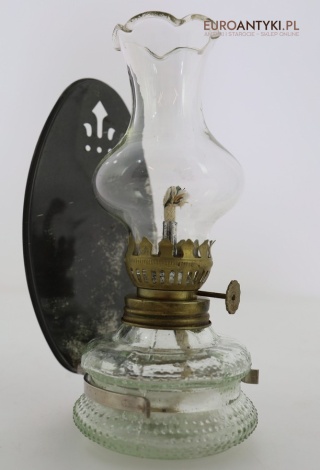 Miniaturowa malutka lampka naftowa retro – szklana vintage z odbłyśnikiem