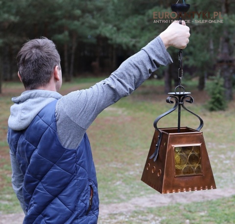 vintage lampa wisząca z miedzi i żółtego szkła