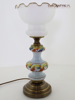 XL! Stylowa lampa stołowa rustyk retro – ceramika, mosiądz, klosz opalinowy