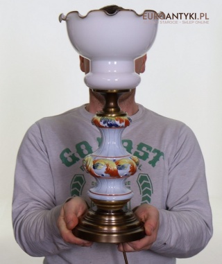 XL! Stylowa lampa stołowa rustyk retro – ceramika, mosiądz, klosz opalinowy