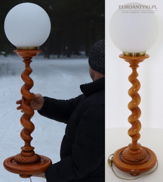 XXL! DUŻA! WYSOKA lampa drewniana retro/vintage – kolumna salomonowa + klosz kula (Francja)