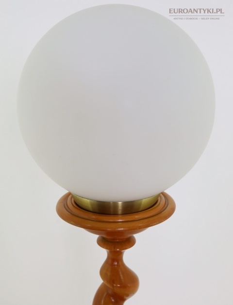 XXL! DUŻA! WYSOKA lampa drewniana retro/vintage – kolumna salomonowa + klosz kula (Francja)