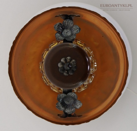 Rustykalna lampa wisząca vintage z Francji – mosiądz szkło drewno, lata 70