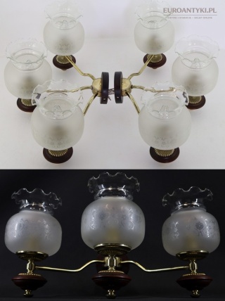 XXL antyczne kinkiety 3-ramienne retro vintage – mosiądz + drewno mahoniowe, Francja, połowa XX w.