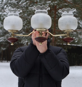 XXL antyczne kinkiety 3-ramienne retro vintage – mosiądz + drewno mahoniowe, Francja, połowa XX w.