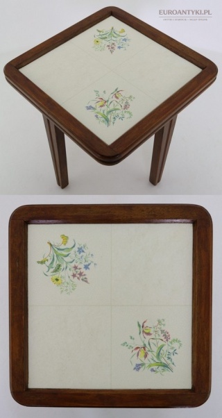 Rustykalny kwietnik mini stolik z ceramiką – Niemcy Grünstadt, Echt Keramik, lata 50/60