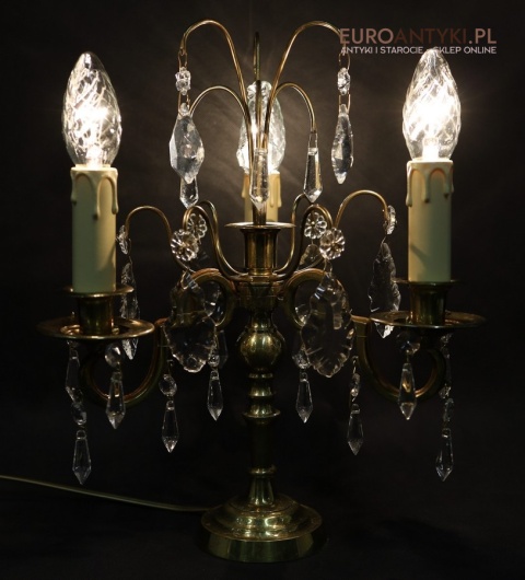 antyczna lampa stołowa mosiężna z kryształami