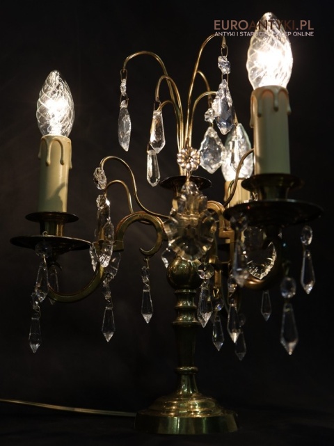 pałacowa lampa stołowa z masywnego mosiądzu i kryształów