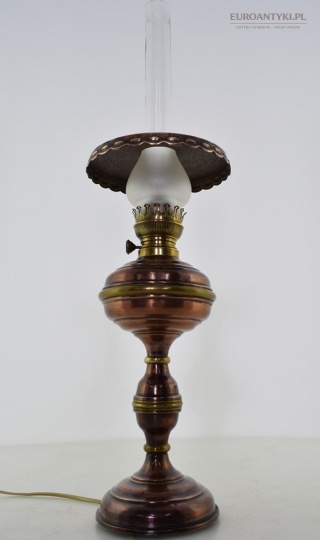 XL! DUŻA! Lampa naftowa retro vintage przerobiona na elektryczną – miedź + mosiądz – Lempereur & Bernard