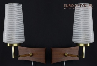 Vintage kinkiety skandynawskie z lat 60/70 – drewno, mosiądz, szkło spiralne