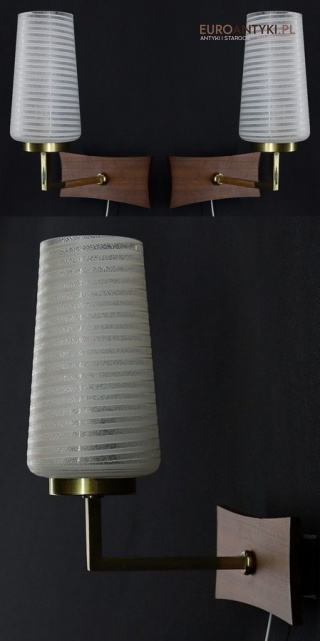 Vintage kinkiety skandynawskie z lat 60/70 – drewno, mosiądz, szkło spiralne