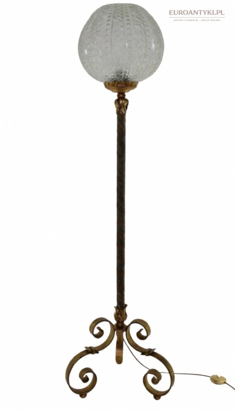 Duża antyczna lampa podłogowa – Włochy, połowa XX wieku, kuty metal + szkło