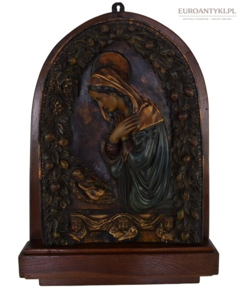 XL! DUŻA! Antyczna figurka matki boskiej w drewnianej ramie - antyki katolickie