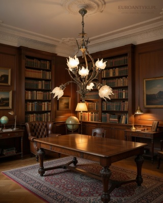 XXL! Duży zabytkowy żyrandol salonowy – 7 punktów świetlnych – Stare Srebro – Austria poł. XX w.