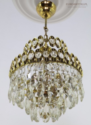 Mały żyrandol plafon kryształowy vintage – mosiężny, lata 50.–60. XX w. – E27, kompletne kryształy