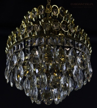 Mały żyrandol plafon kryształowy vintage – mosiężny, lata 50.–60. XX w. – E27, kompletne kryształy