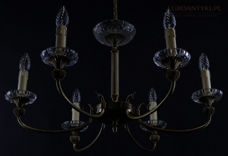 Antyczny żyrandol mosiężny z kryształami – 6 ramion, vintage połowa XX w.