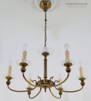 Antyczny żyrandol mosiężny z kryształami – 6 ramion, vintage połowa XX w.