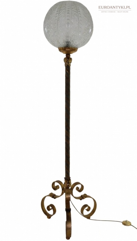 Duża antyczna lampa podłogowa – Włochy, połowa XX wieku, kuty metal + szkło