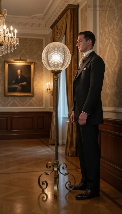 Duża antyczna lampa podłogowa – Włochy, połowa XX wieku, kuty metal + szkło