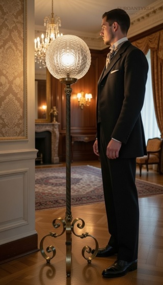 Duża antyczna lampa podłogowa – Włochy, połowa XX wieku, kuty metal + szkło