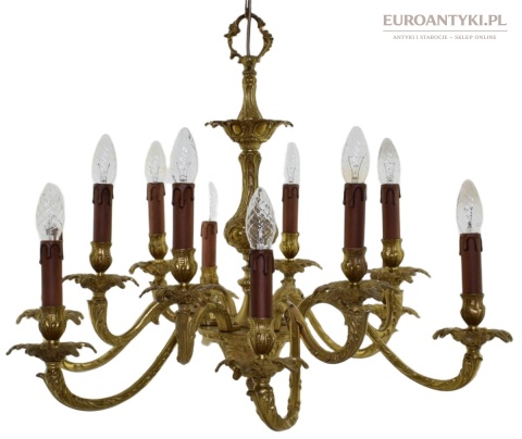 Złoty pałacowy żyrandol z brązu. Chandelier do zamku, dworu, 12 żarówkowy.