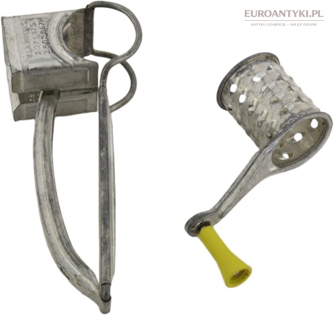 Antyk kuchenny - Francuska tarka obrotowa Mouli Grater vintage – metalowa, patenty USA, lata 50
