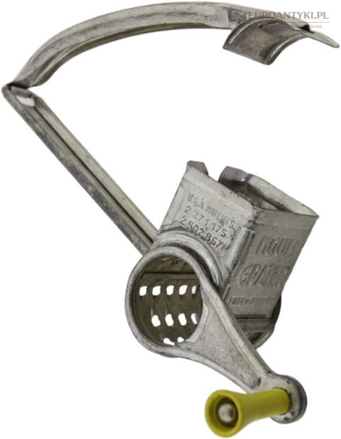 Antyk kuchenny - Francuska tarka obrotowa Mouli Grater vintage – metalowa, patenty USA, lata 50