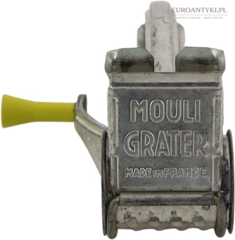Antyk kuchenny - Francuska tarka obrotowa Mouli Grater vintage – metalowa, patenty USA, lata 50