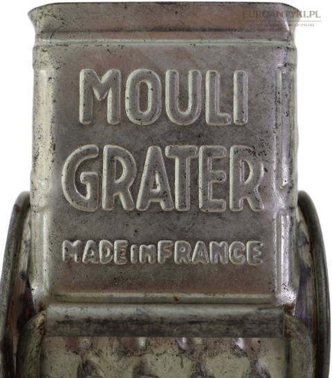 Antyk kuchenny - Francuska tarka obrotowa Mouli Grater vintage – metalowa, patenty USA, lata 50