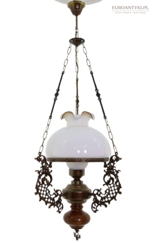 XL! Duża lampa vintage z mosiądzu i drewna – styl eklektyczny rustykalny, klosz szklany