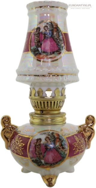 Mini lampka naftowa porcelanowa vintage z romantycznymi scenkami