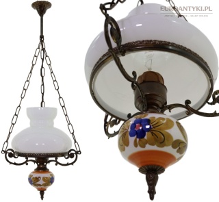 Rustykalna lampa wisząca vintage mosiężna z ceramiką retro