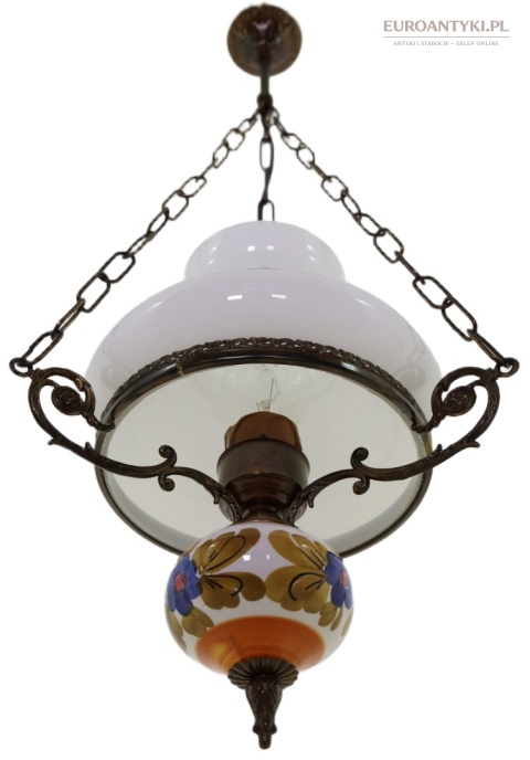 Rustykalna lampa wisząca vintage mosiężna z ceramiką retro