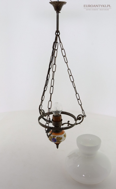 Rustykalna lampa wisząca vintage mosiężna z ceramiką retro