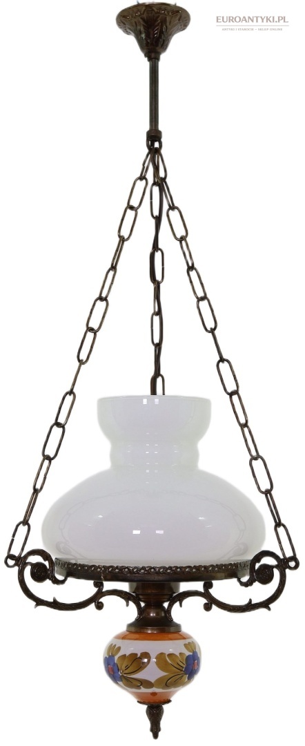 Rustykalna lampa wisząca vintage mosiężna z ceramiką retro