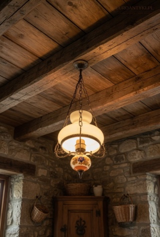 Rustykalna lampa wisząca vintage mosiężna z ceramiką retro