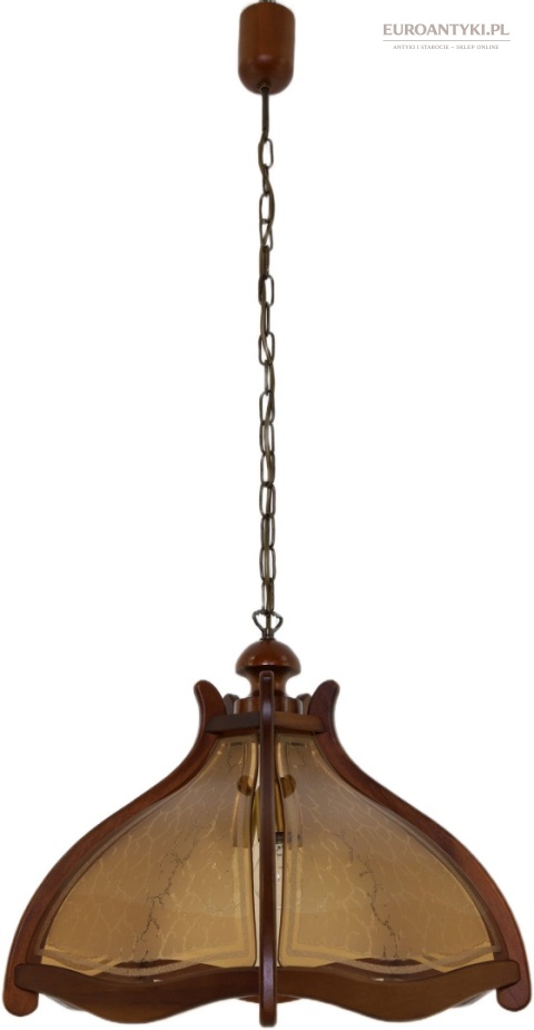 Żyrandol drewniany rustykalny vintage z Francji – dąb i miodowe szybki