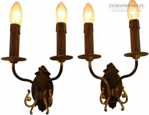 2 zabytkowe kinkiety z brązu. Lampy ścienne retro vintage.