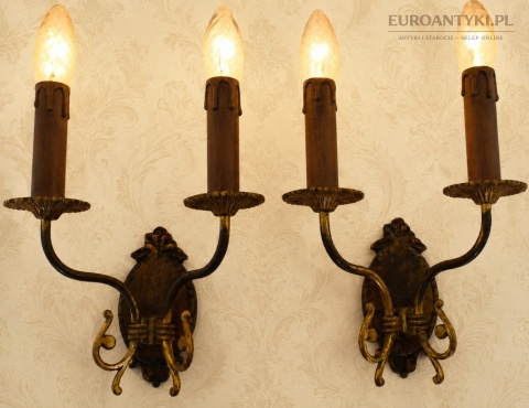 2 zabytkowe kinkiety z brązu. Lampy ścienne retro vintage.