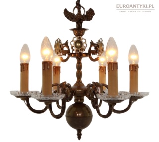 Polski patriotyczny żyrandol mosiężny z orłem – Księstwo Warszawskie oświetlenie z połowy XX wieku